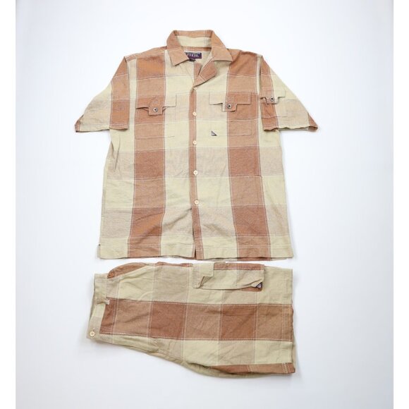 Vtg 90s Streetwear Mens Large Checkered Plaid 2 Piece Shorts Button Shirt Outfit